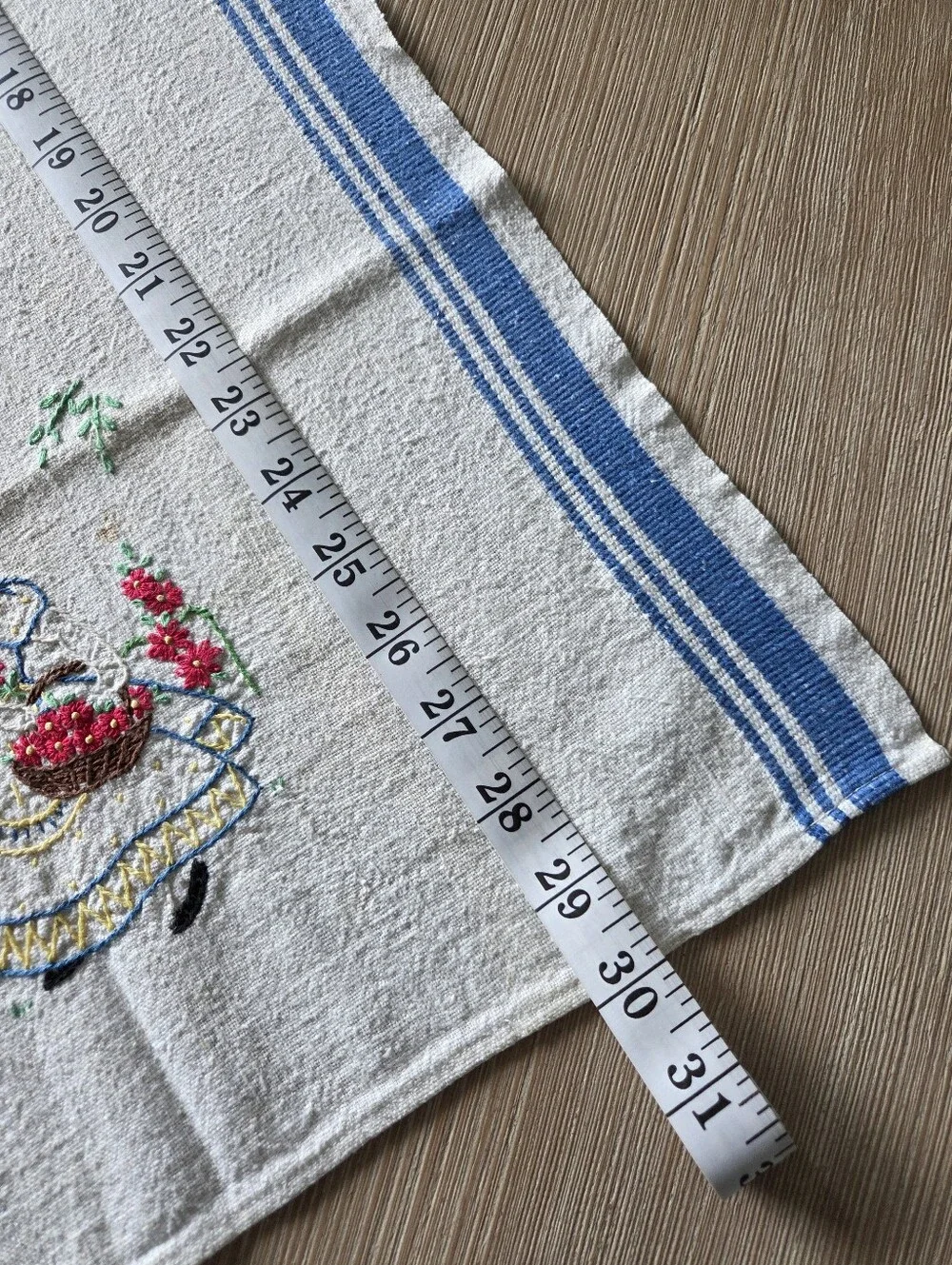 Vintage 1940s 1950s Hand Embroidered Dutch Girl Blue Stripe Linen Tea Towel